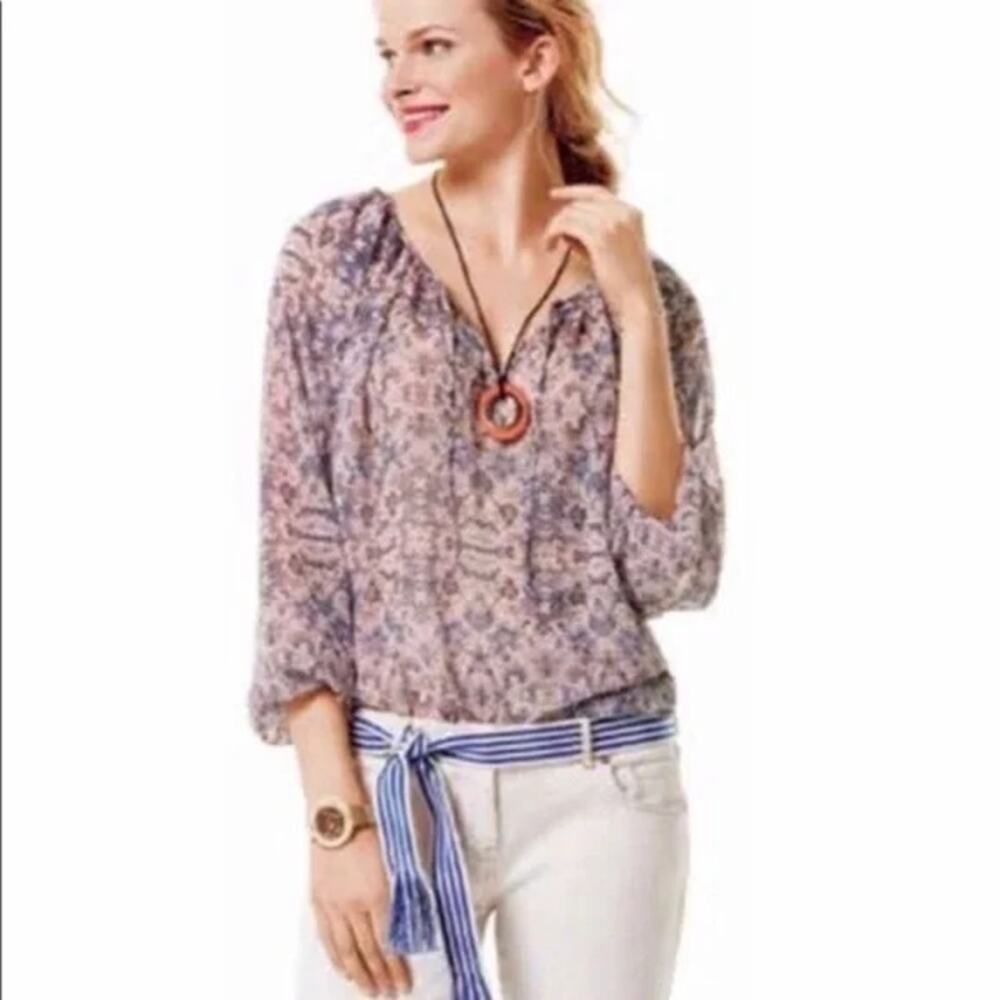 CAbi Sienna Floral Peasant Sheer Long Sleeve Boho Blouse Women's Size Large